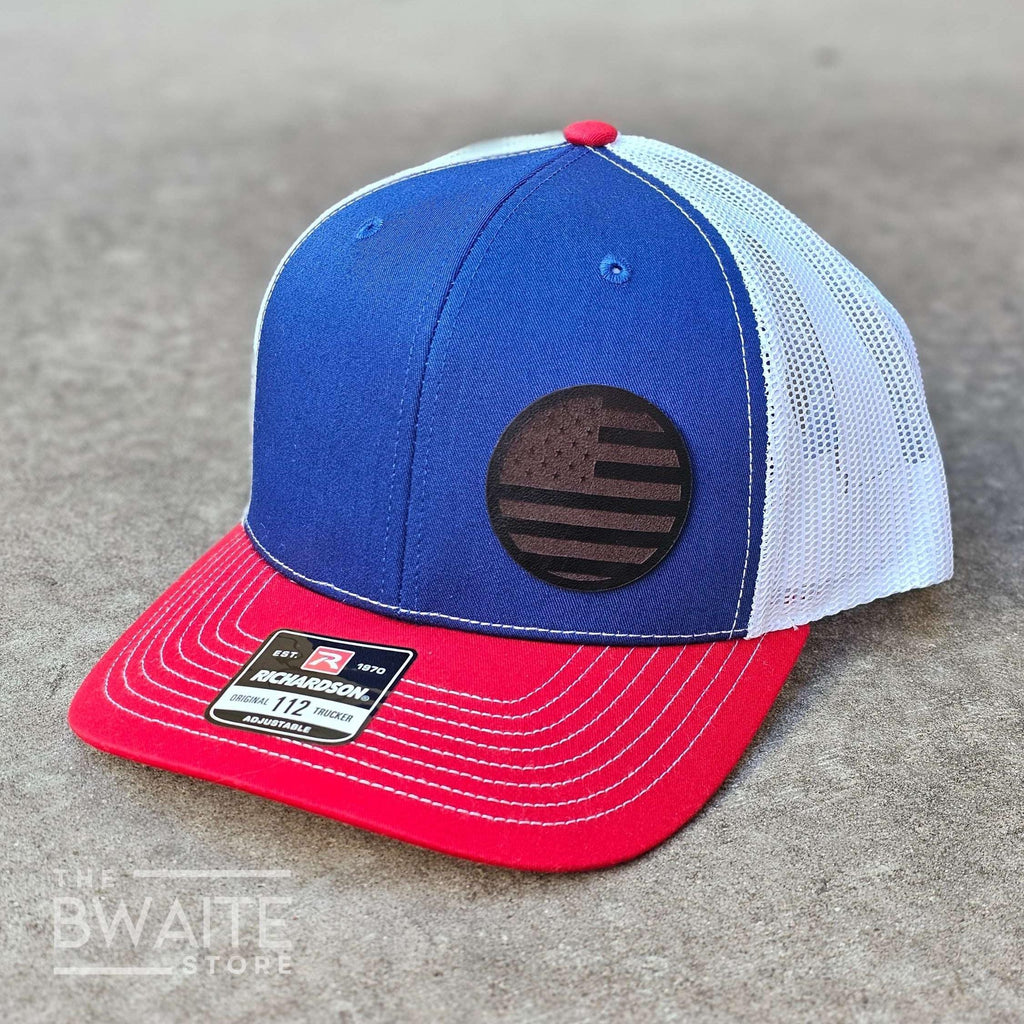 USA Flag Leather Patch R112 Snapback Trucker Hat